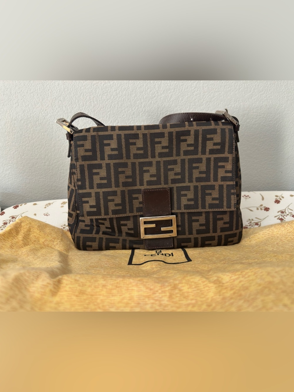 Fendi mama baguette Brown FF Logo Canvas Shoulder Bag with Gold Buckle